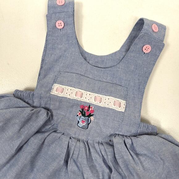 Vintage Bubble Outfit Baby Girls Size 3-6m Chambray Blue Flower Skirt Romper - Picture 2 of 5